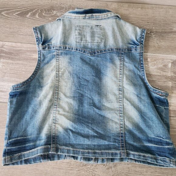 Bongo Rhinestone Pocket Vest Women XL Embellished Stretch Blue Denim Button Jean - Picture 3 of 11